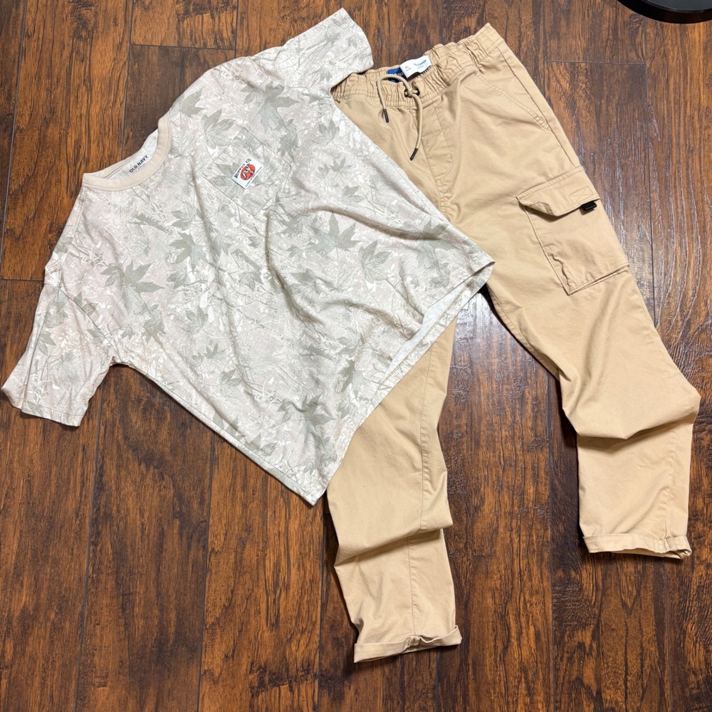 Old Navy Shirt and Pants Set Boys L/XL Tan Leaf Print Tech Taper Cargo Outfit
